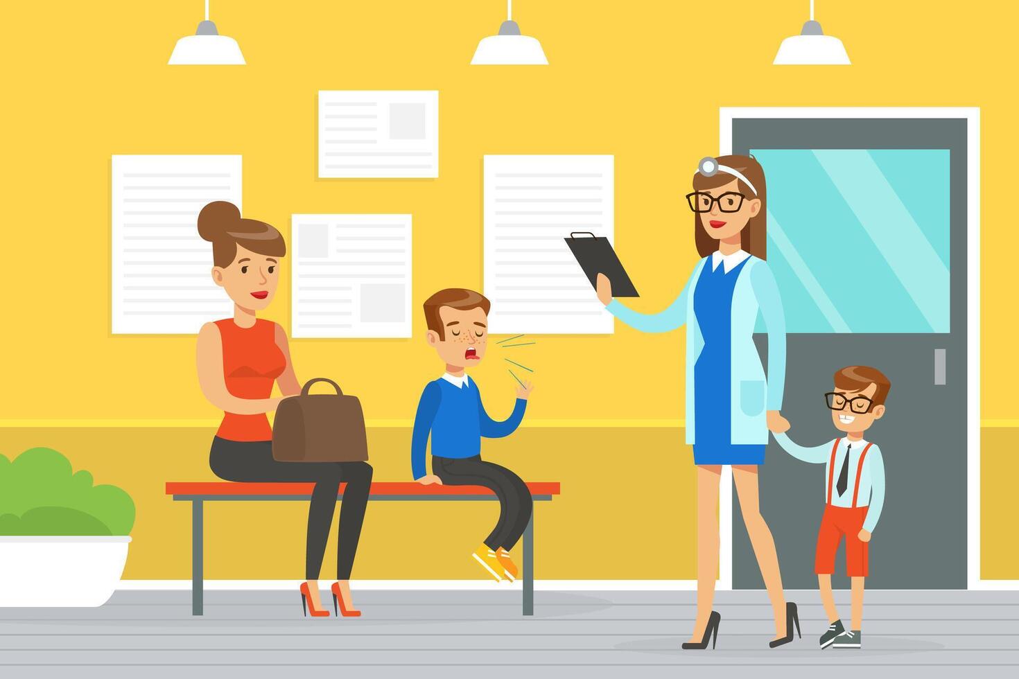 Parent with Kid Waiting for Doctor Appointment and Woman Pediatrician Holding Little Boy by the Hand Illustration vector