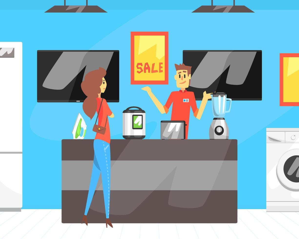 Woman Talking to Shop Assistant at Household Devices Department Store Illustration vector