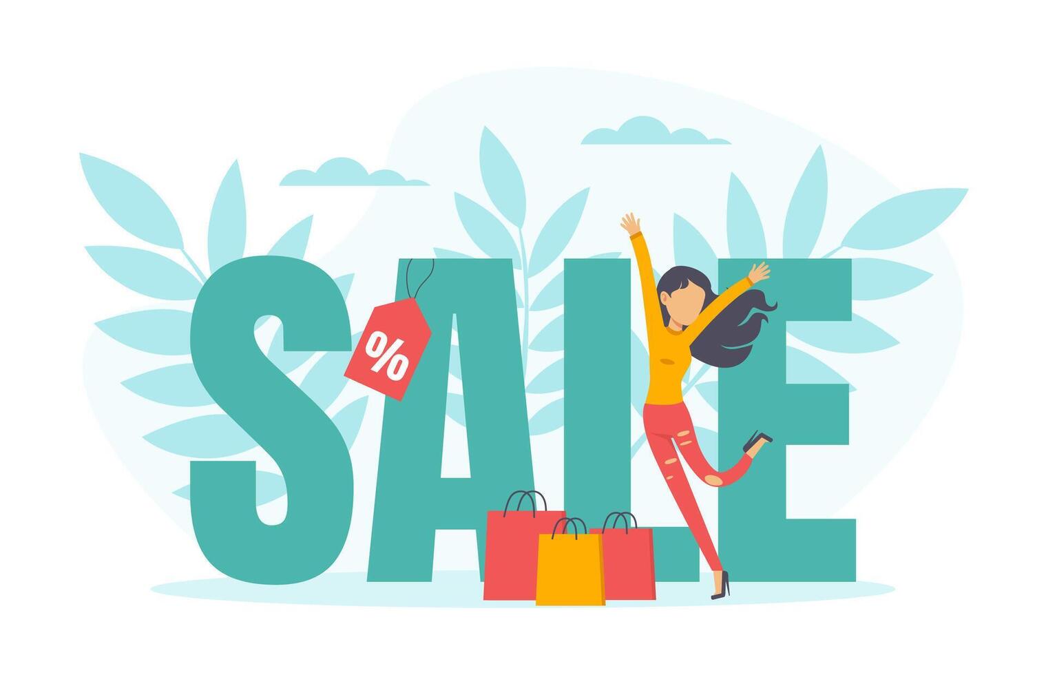 Woman Jumping with Joy Because of Deep Discount and Sale Illustration vector
