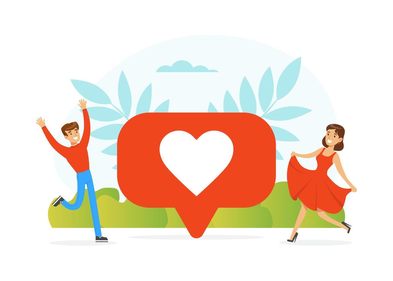 Male and Female Feeling Love and Affection Dancing with Heart Sign and Floral Leaf at Backdrop Illustration vector
