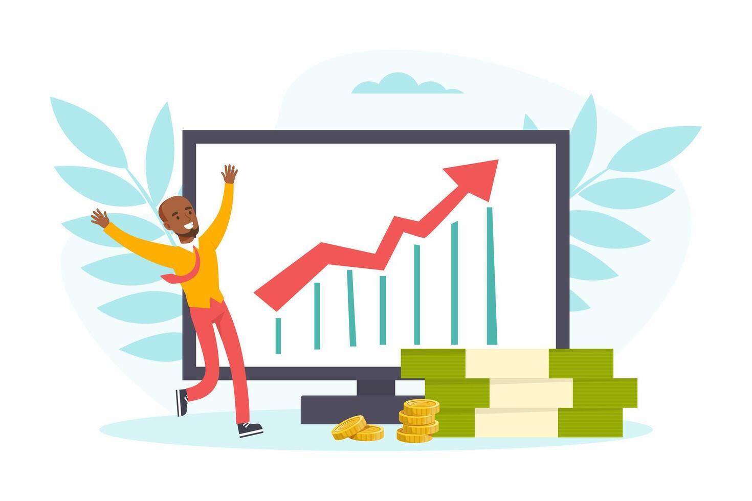 Energetic African American Businessman with Red Tie Jumping with Joy Because of Business Profit Growing Illustration vector