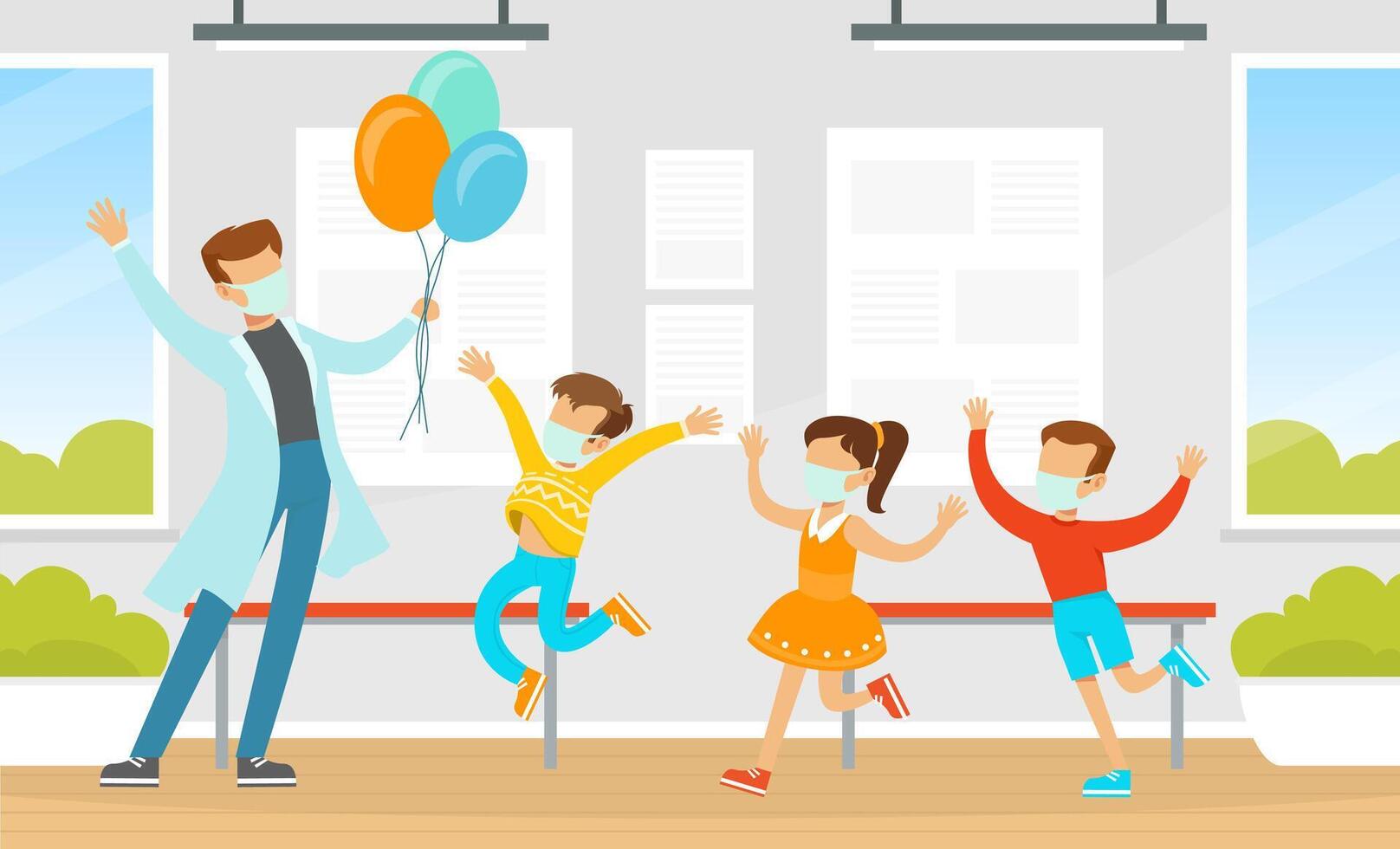 Man in Medical Face Mask and White Coat Giving Balloons to Little Kids Illustration vector