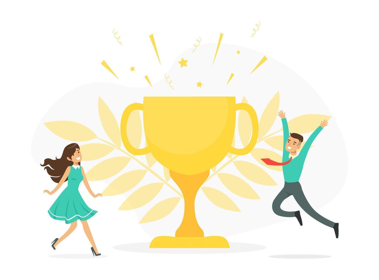 Young Man and Woman Cheering About Golden Cup Competition Award Illustration vector