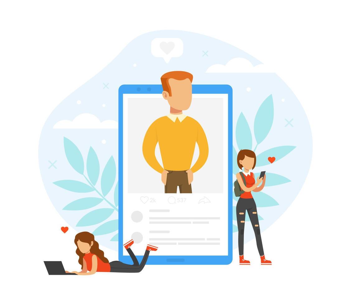 Girl Teenager Using Smartphone and Laptop Chatting and Flirting with Boy Illustration vector
