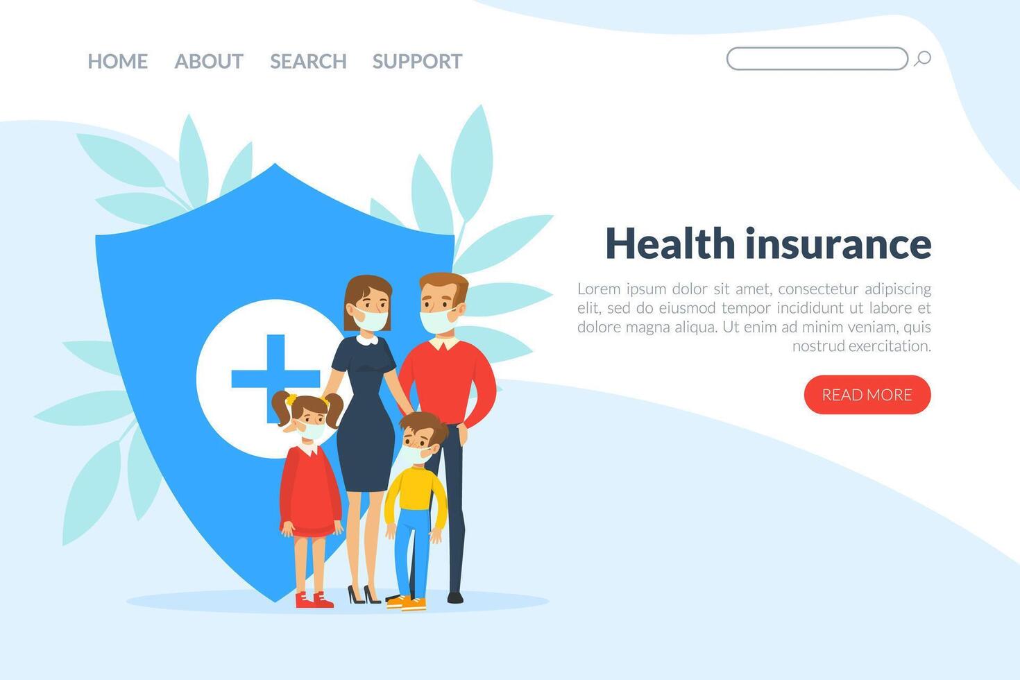 Family with Parents and Kids in Medical Face Mask with Clinic Shield Behind as Health Protection Landing Page Template vector