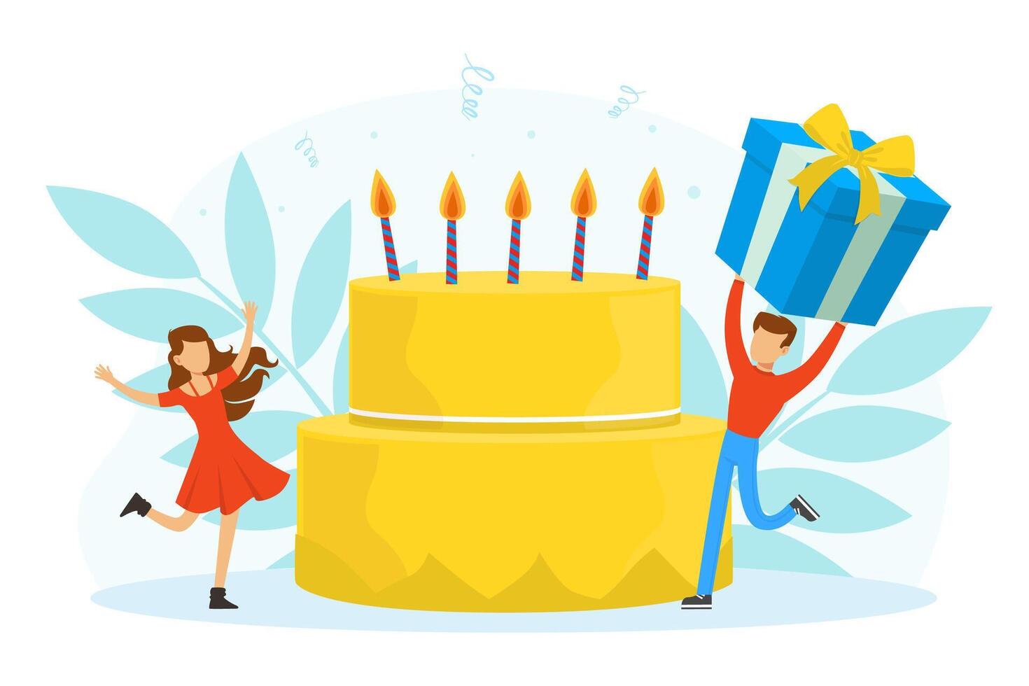 Male and Female Celebrating Birthday with Wrapped Gift Box and Big Cake with Candles Illustration vector