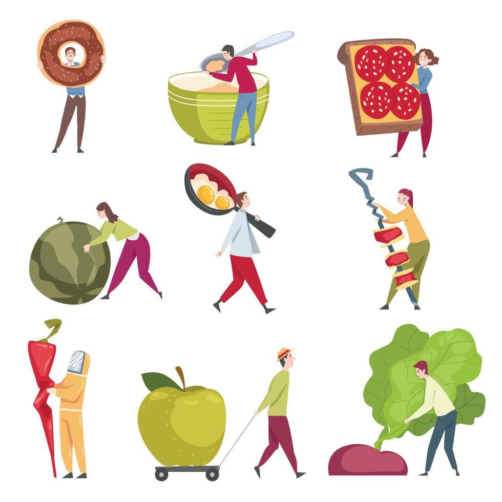 Little People Characters Holding and Carrying Foodstuff Like Doughnut and Sandwich Illustration Set vector