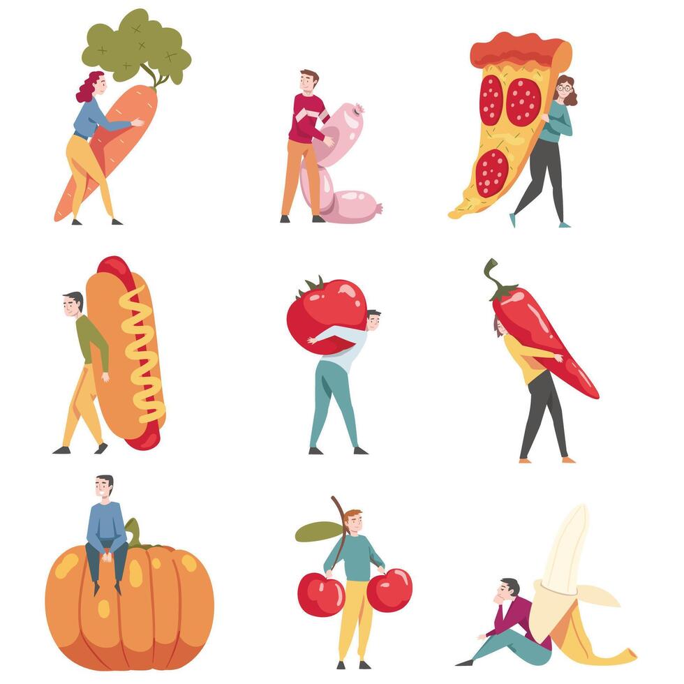 Little People Characters Holding and Carrying Foodstuff Like Hot Dog and Carrot Illustration Set vector