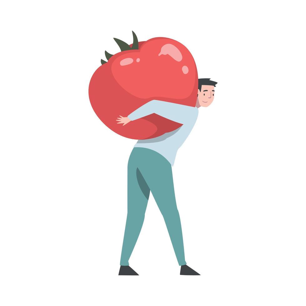 Little Man Carrying Huge Ripe Tomato on His Back Illustration vector