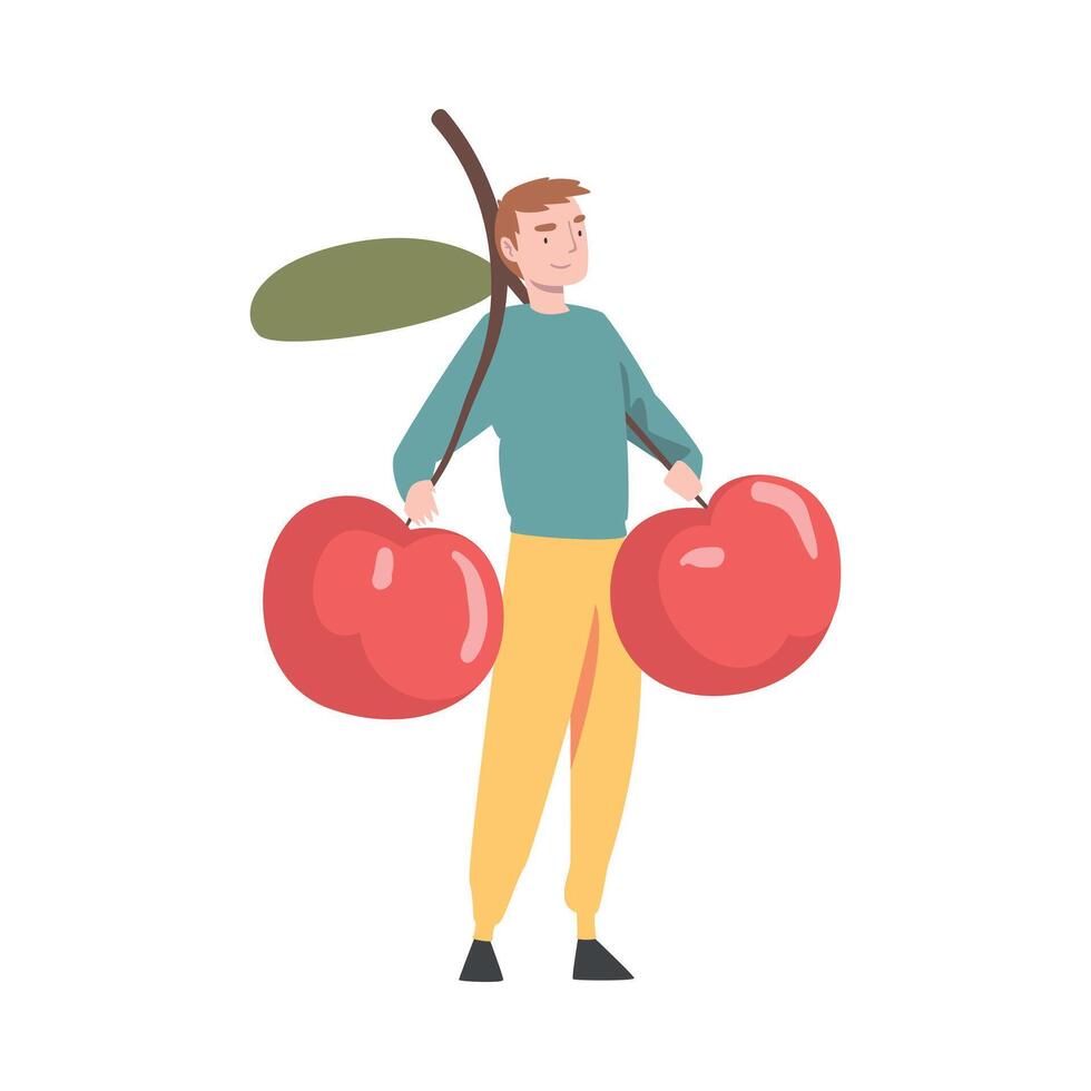 Cheerful Tiny Man Holding Ripe Red Cherry Berry Illustration vector