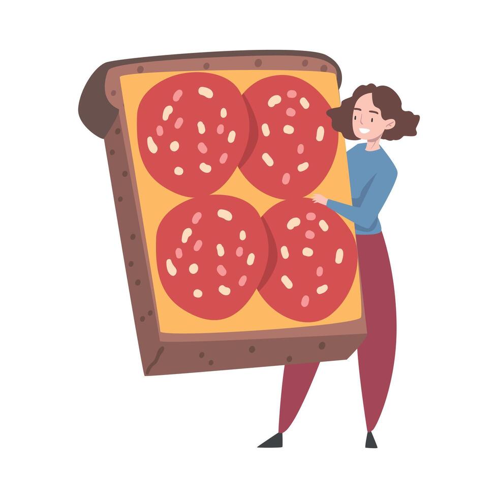 Tiny Female Interacting with Huge Sandwich with Salami Slices Illustration vector