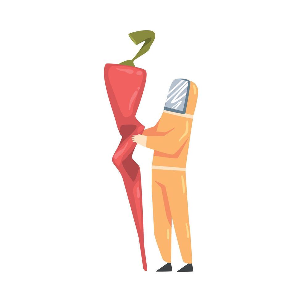 Little Man Wearing Protective Equipment Holding Huge Chili Pepper Illustration vector