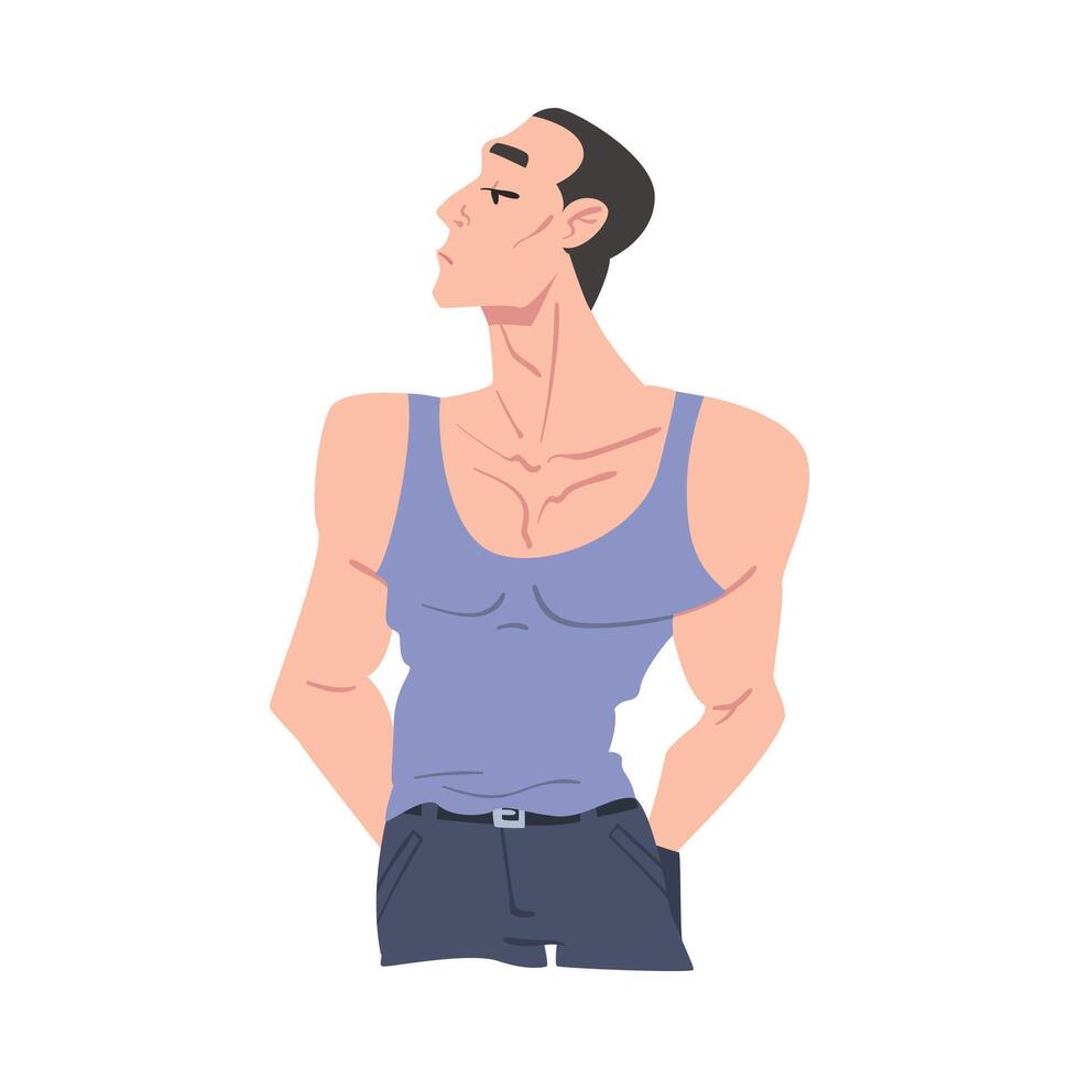 Charismatic Handsome Man Dressed in Sleeveless Tank Top Cartoon Style Illustration vector