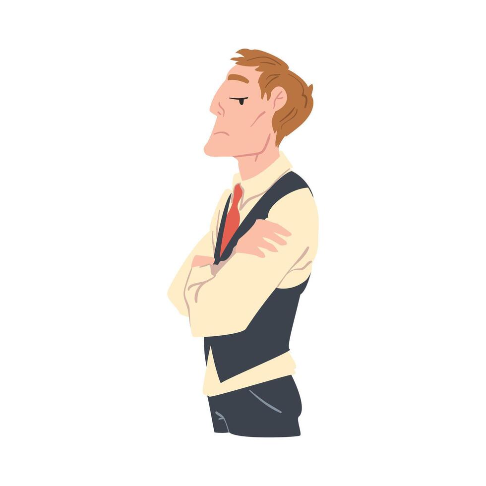 Confident Man Dressed in Elegant Retro Clothes Standing with Folded Arms Cartoon Style Illustration vector