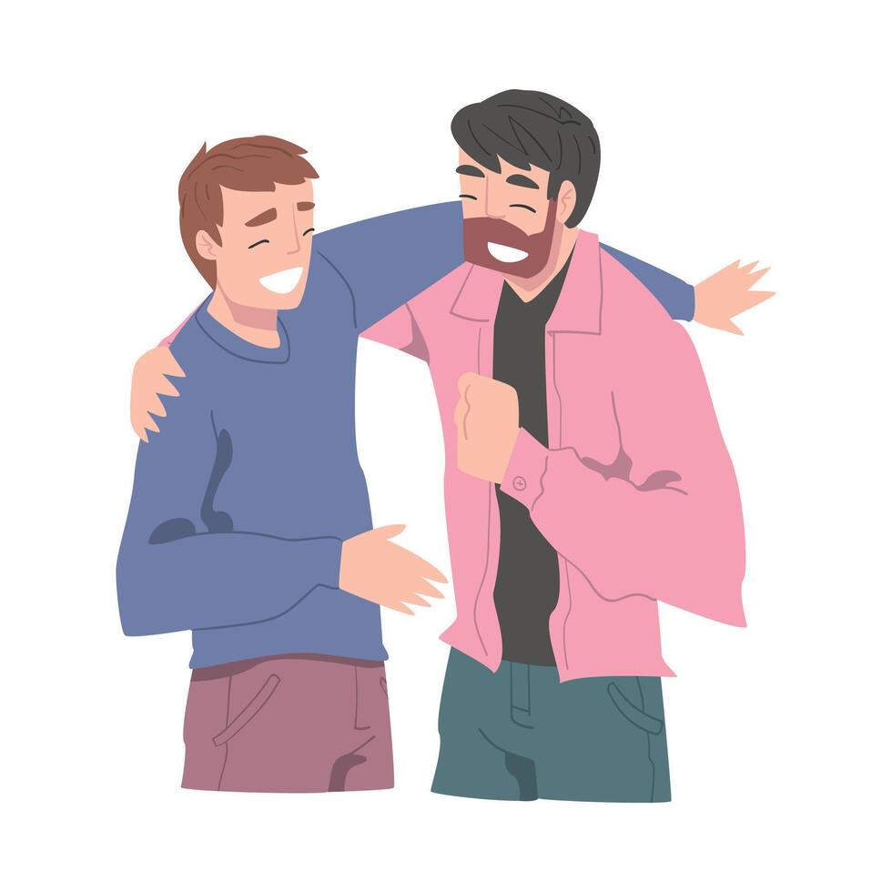 Two Smiling Men Hugging, Male Friendship Concept Cartoon Style Illustration vector