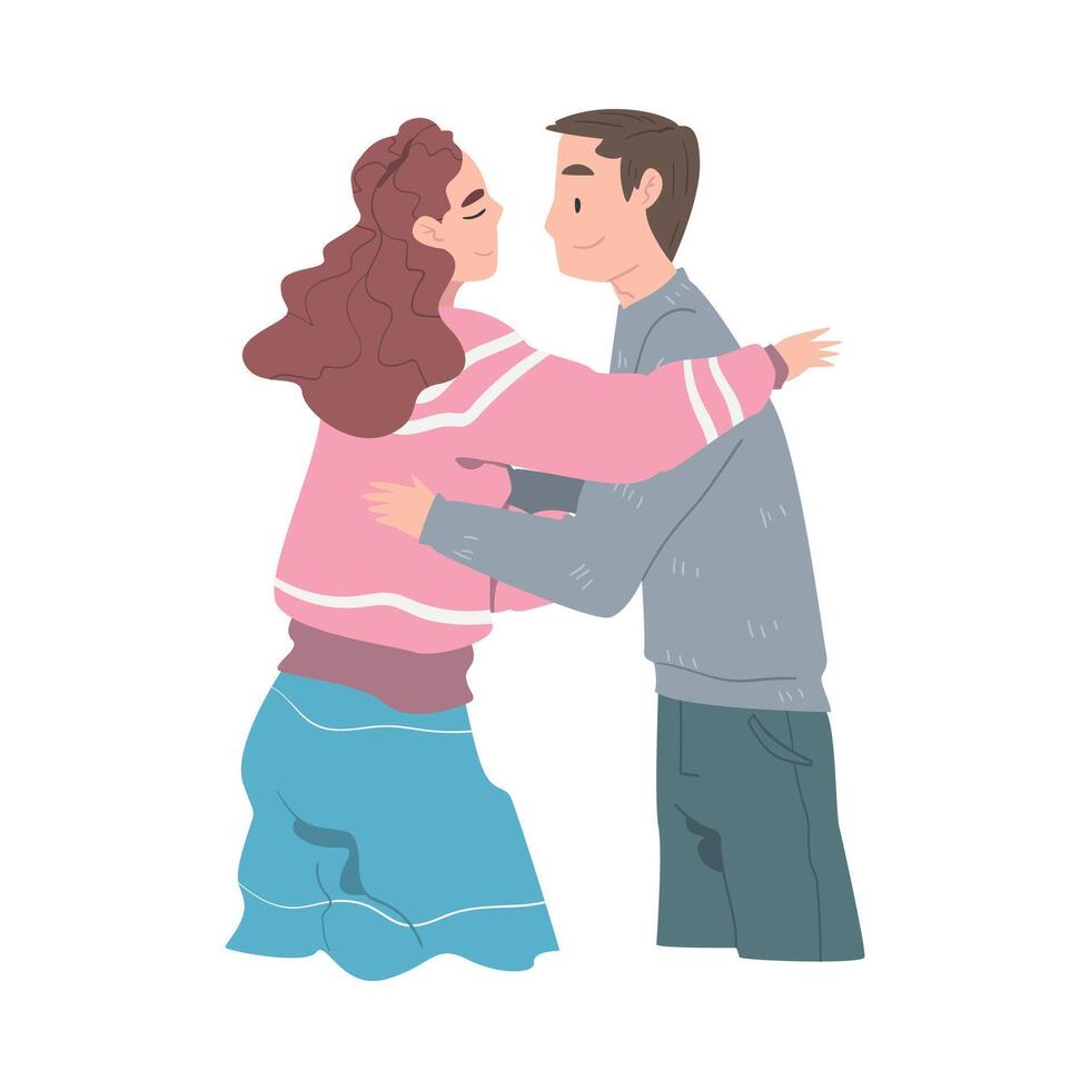 Couple Hugging, Meeting of Friends, Girl and Guy Embracing Each Other Cartoon Style Illustratio vector
