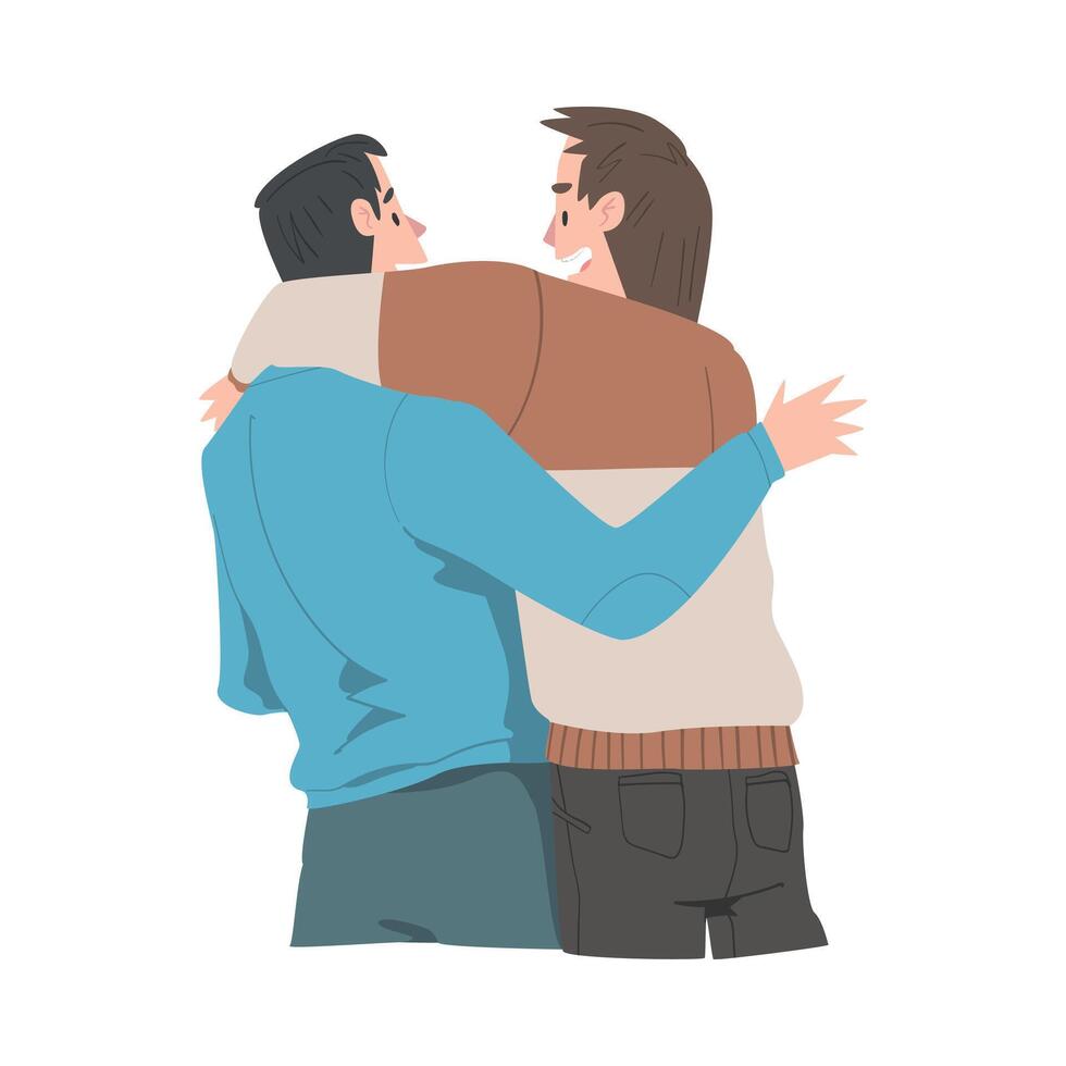 Two Men Hugging, View from Behind, Male Friendship Concept Cartoon Style Illustration vector