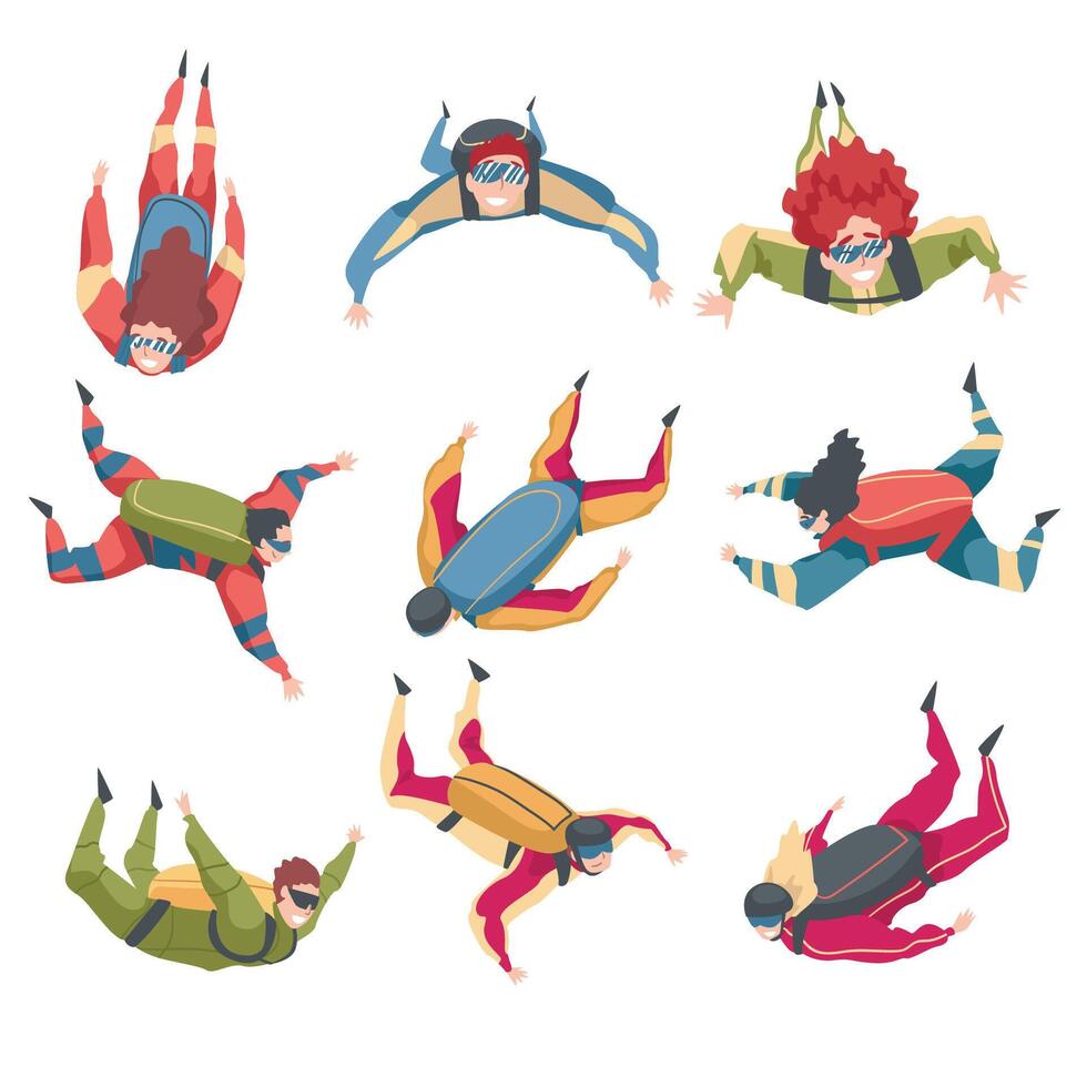 Skydivers Enjoying Freefall Set, People Jumping with Parachutes in Sky, Skydiving Extreme Sport Cartoon Style Illustration vector