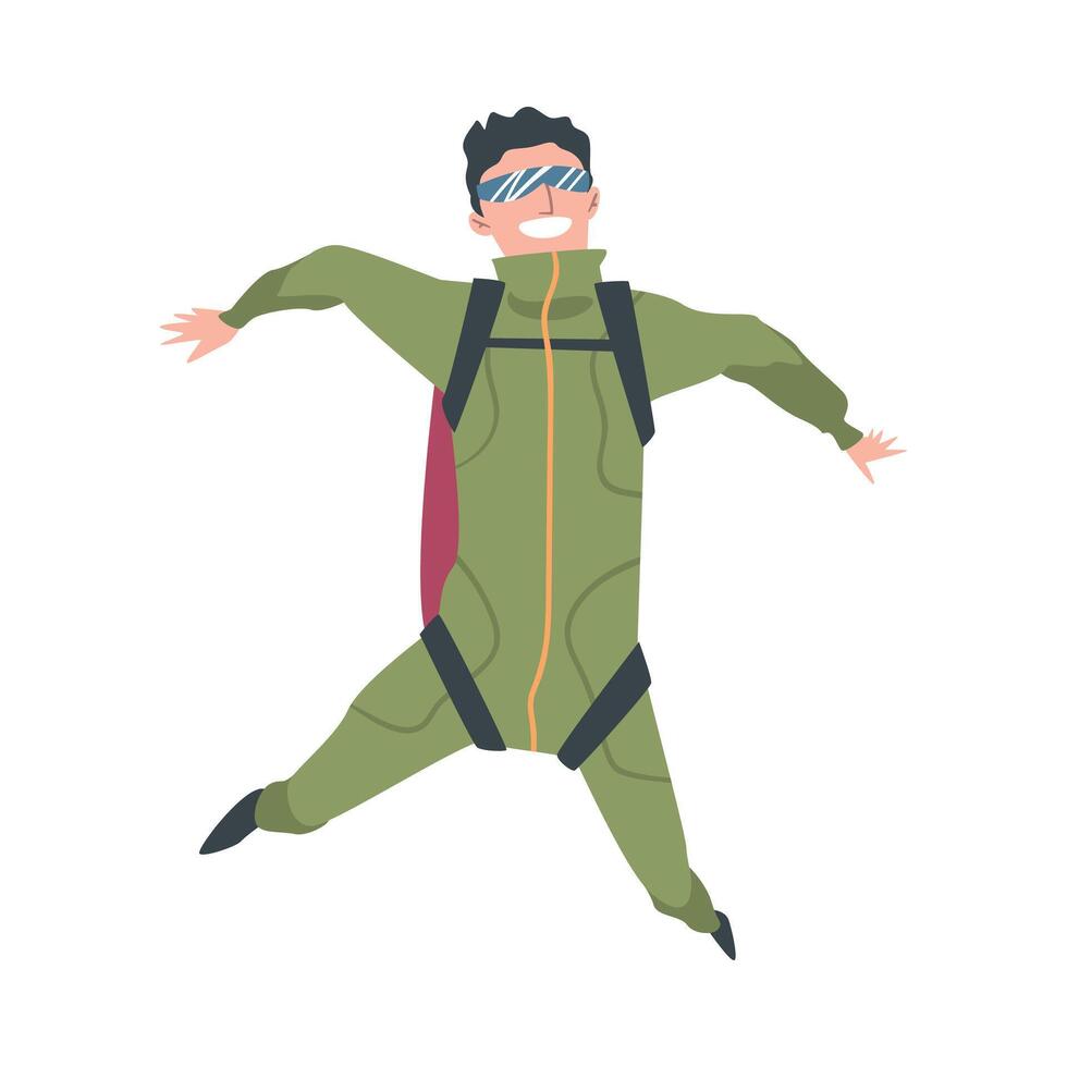 Smiling Man Skydiver Enjoying Freefall Freedom, Person Jumping with Parachute in Sky, Skydiving Extreme Sport Cartoon Style Illustration vector