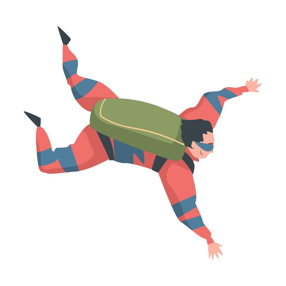 Man Skydiver Doing Freefall Jump, Person Jumping with Parachute in Sky, Skydiving Parachuting Extreme Sport Cartoon Style Illustration vector