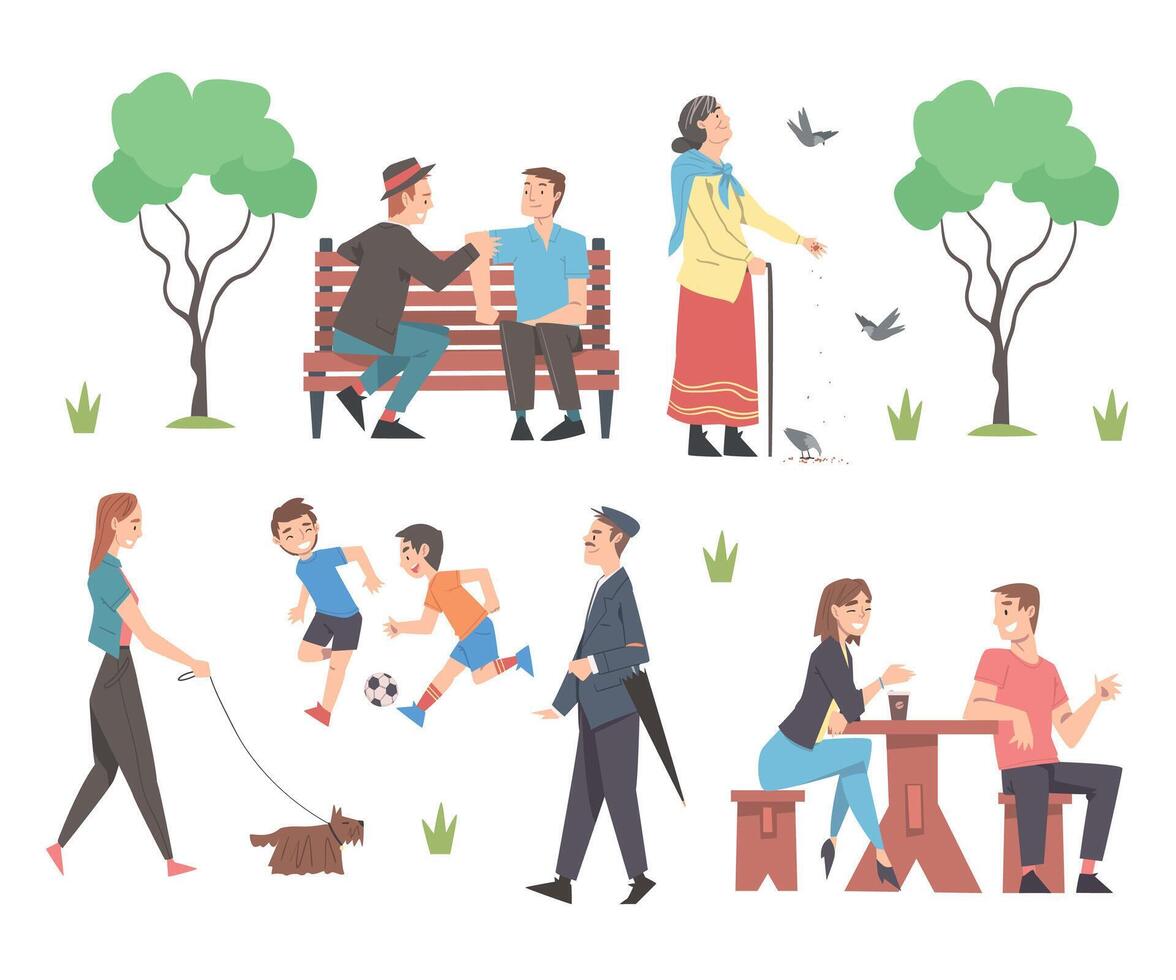 People Relaxing in Urban Park Set, Various Outdoor Summer Activities Cartoon Style Illustration vector