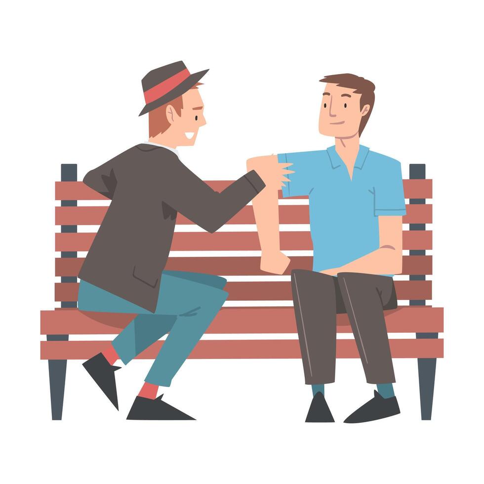 Two Men Sitting on Bench in Park, Summer Outdoor Activities Cartoon Style Illustration vector