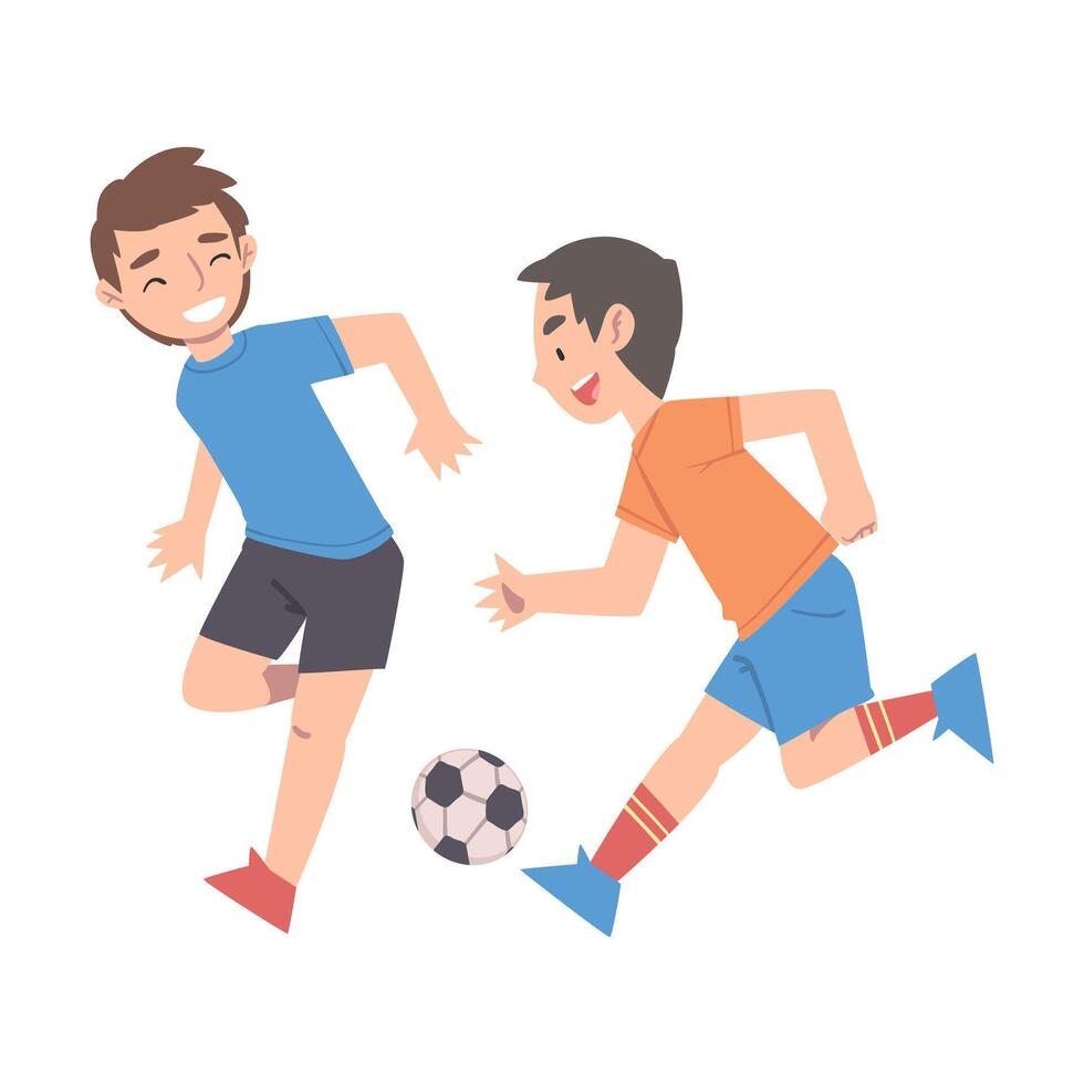 Two Boys Playing Soccer, Kid Doing Sports, Summer Outdoor Activities Cartoon Style Illustration vector