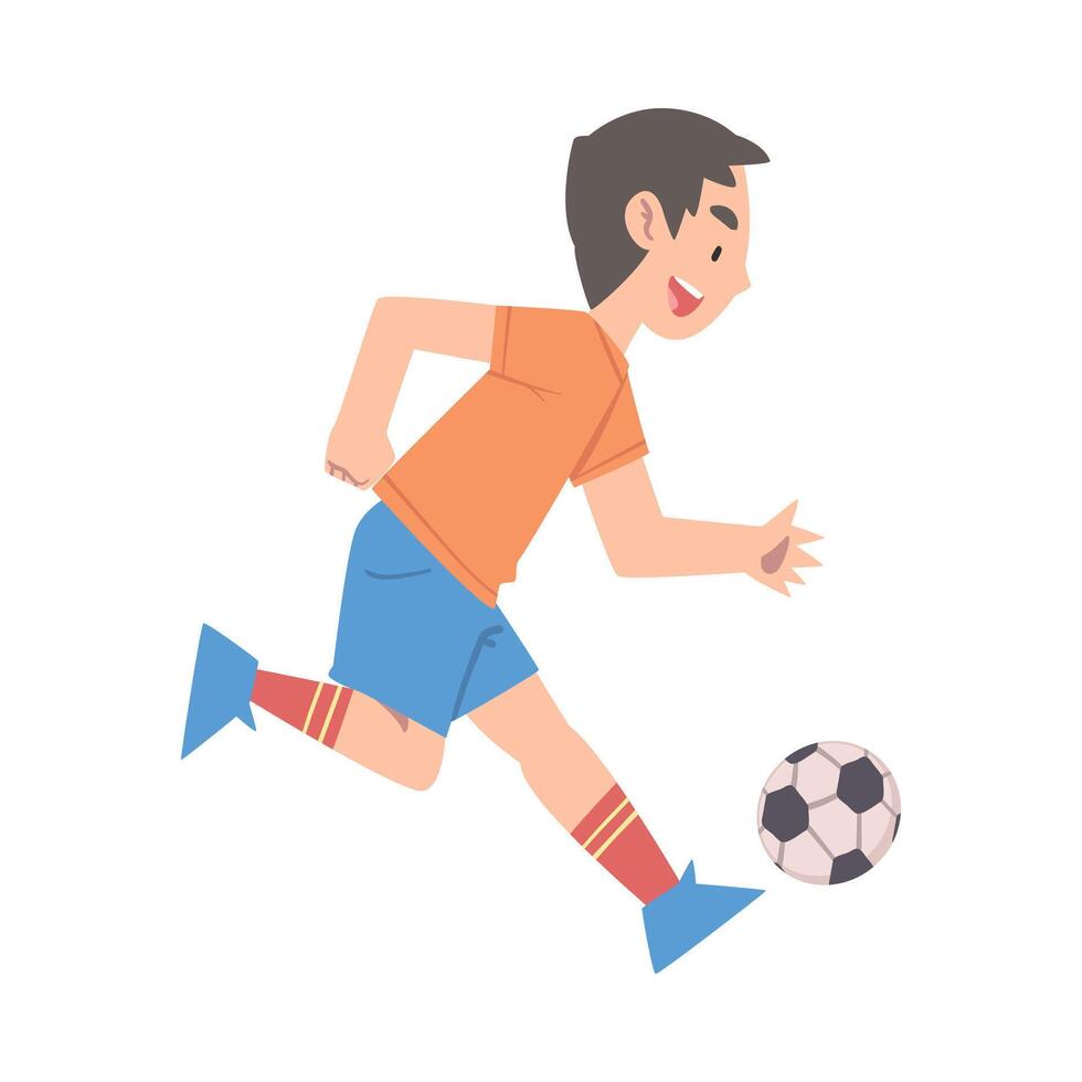 Cute Boy Playing Soccer in Park, Kid Doing Sports, Summer Outdoor Activities Cartoon Style Illustration vector