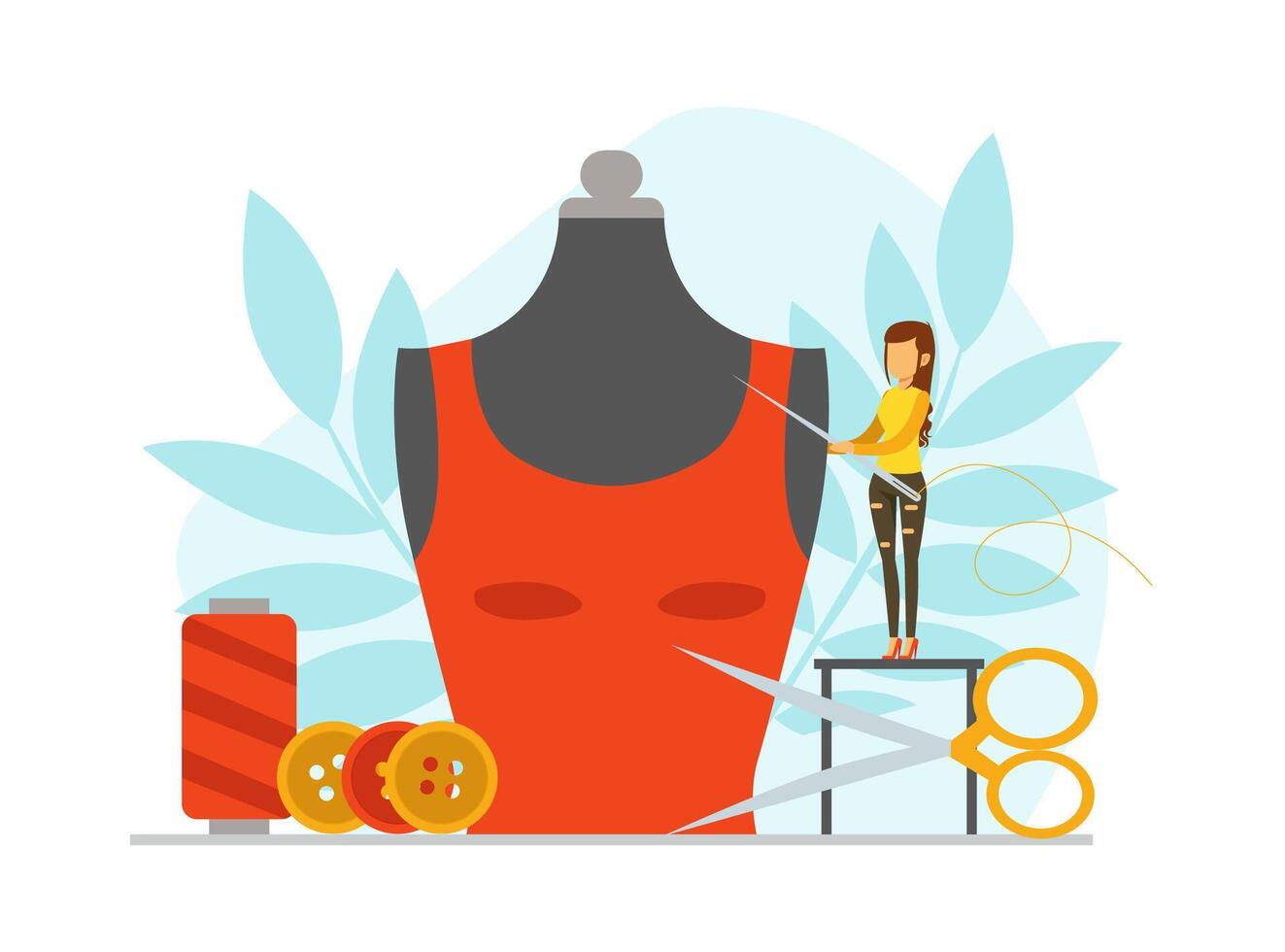 Tiny Seamstress Sewing Fashionable Clothes on Big Mannequin, Dressmaker Creating New Dress Cartoon Illustration vector
