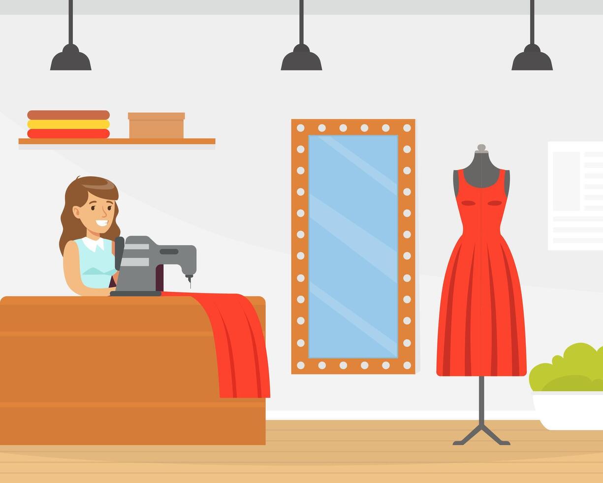Seamstress Sewing Fashionable Clothes, Dressmaker Creating New Dress on Sewing Machine Cartoon Style Illustration Cartoon Illustration vector