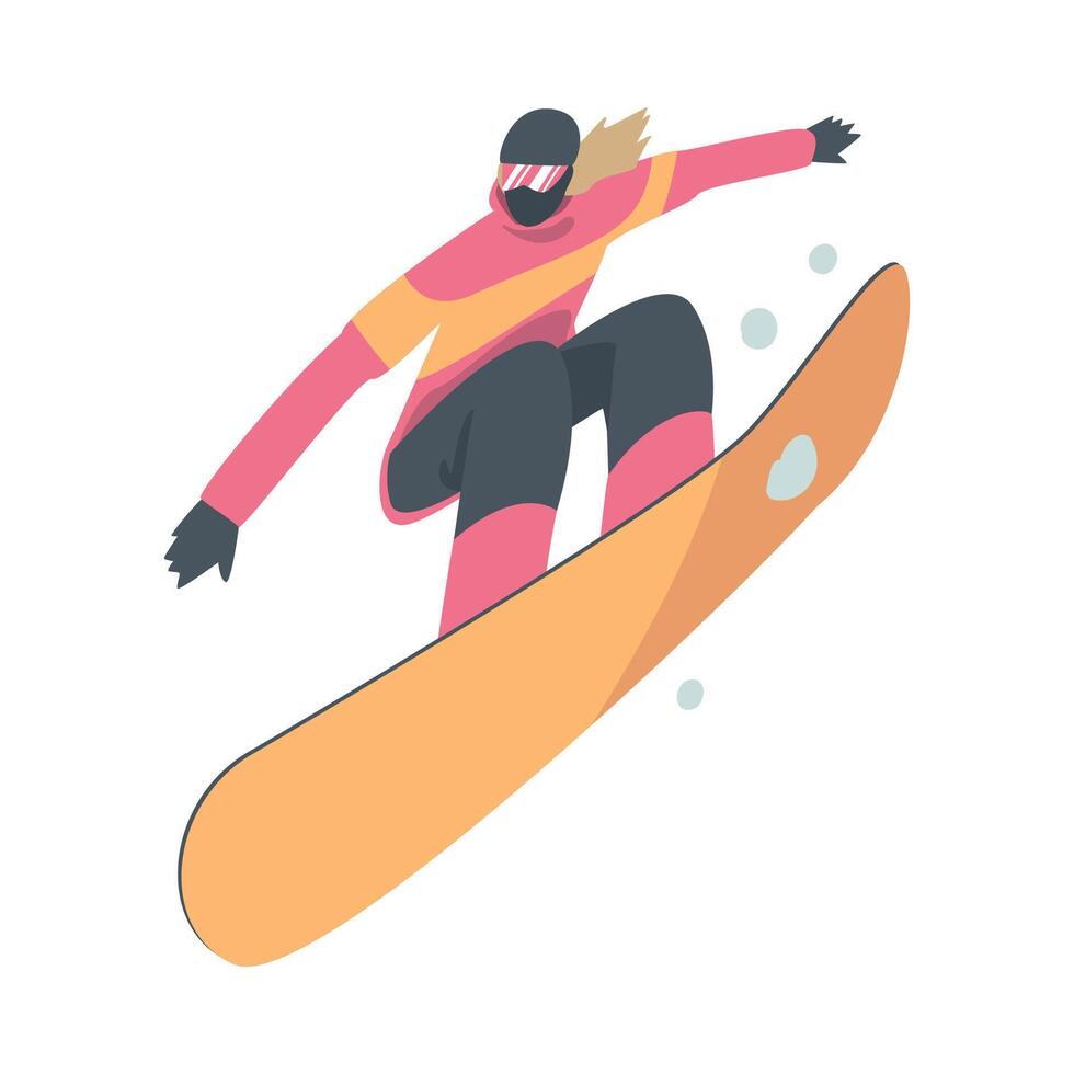 Girl Snowboarding in Mountains, Snowboarder Character Dressed in Winter Clothing in Jump, Extreme Sport Activities, Winter Vacation Cartoon Style Illustration vector