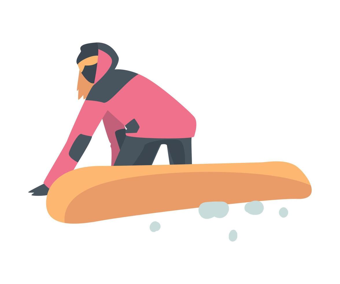 Man Snowboarding in Mountains, Snowboarder Character Dressed in Winter Clothing in Jump, Back View, Extreme Sport Activities, Winter Vacation Cartoon Style Illustration vector