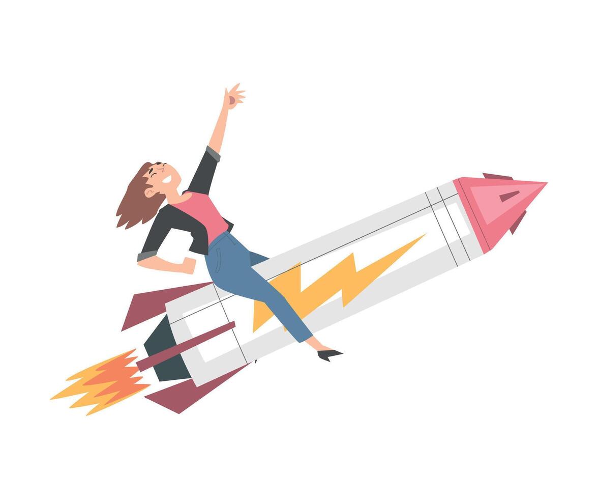 Successful Businesswoman Flying on Rocket Ship, Leadership, Competitive Advantage, Startup Business Concept Cartoon Style Illustration vector