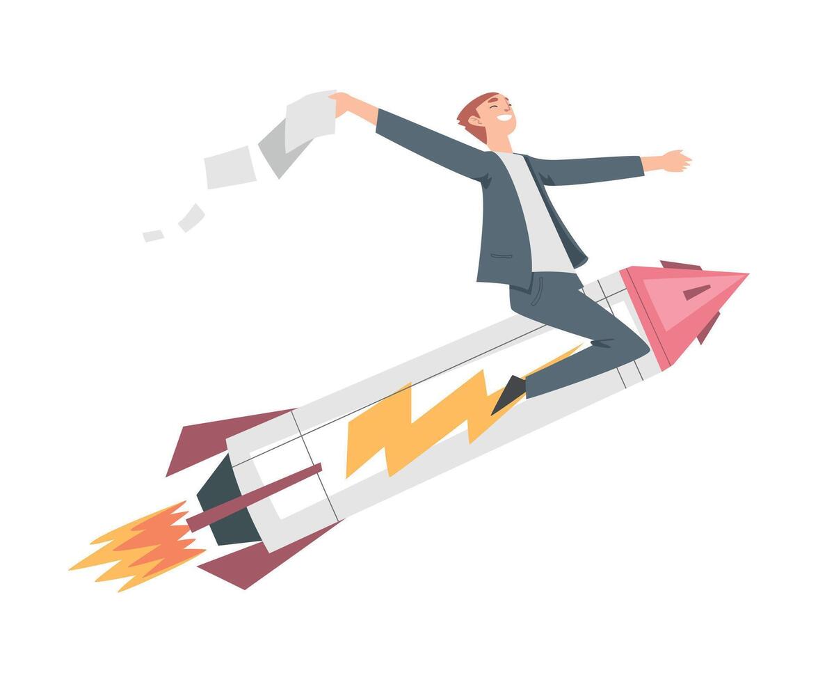 Successful Businessman Flying on Rocket Ship, Leadership, Competitive Advantage, Startup Business Concept Cartoon Style Illustration vector