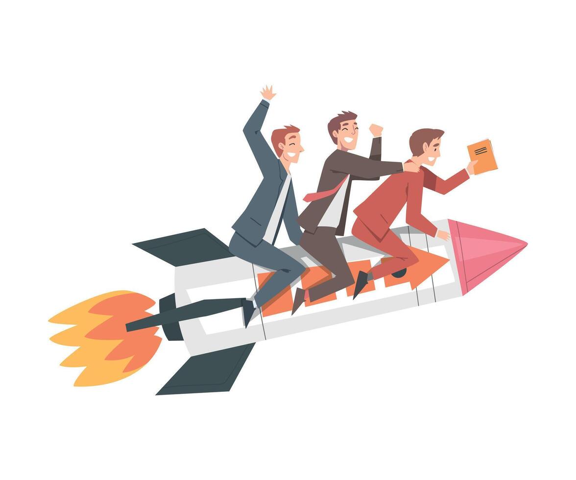 Business Team Flying on Rocket Ship, Leadership, Successful Startup Business Concept Cartoon Style Illustration vector