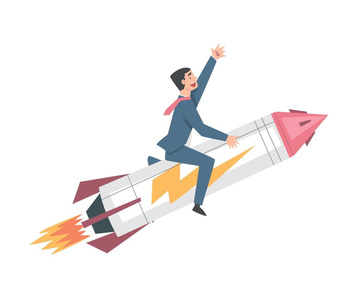 Successful Businessman Riding Rocket, Leadership, Competitive Advantage, Startup Business Concept Cartoon Style Illustration vector