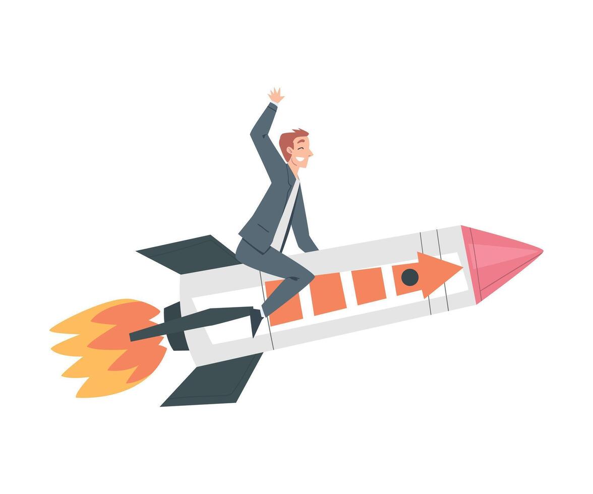 Successful Businessman Riding Space Rocket, Leadership, Startup Business Concept Cartoon Style Illustration vector