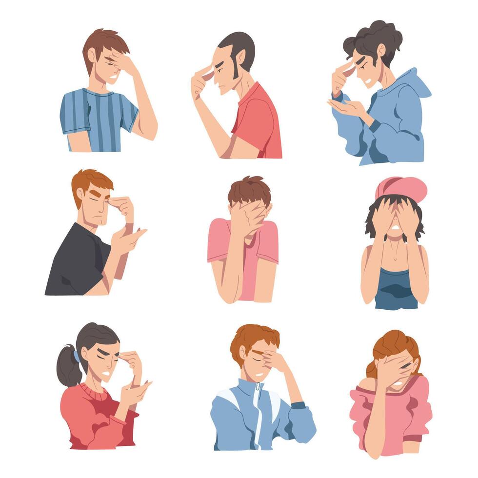 Embarrassed People Set, Regretful Persons Sorry and Apologizing Cartoon Style Illustration vector