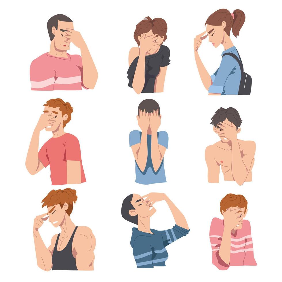 Embarrassed People Set, Regretful Persons Sorry, Apologizing and and Admitting their Guilt Cartoon Style Illustration vector
