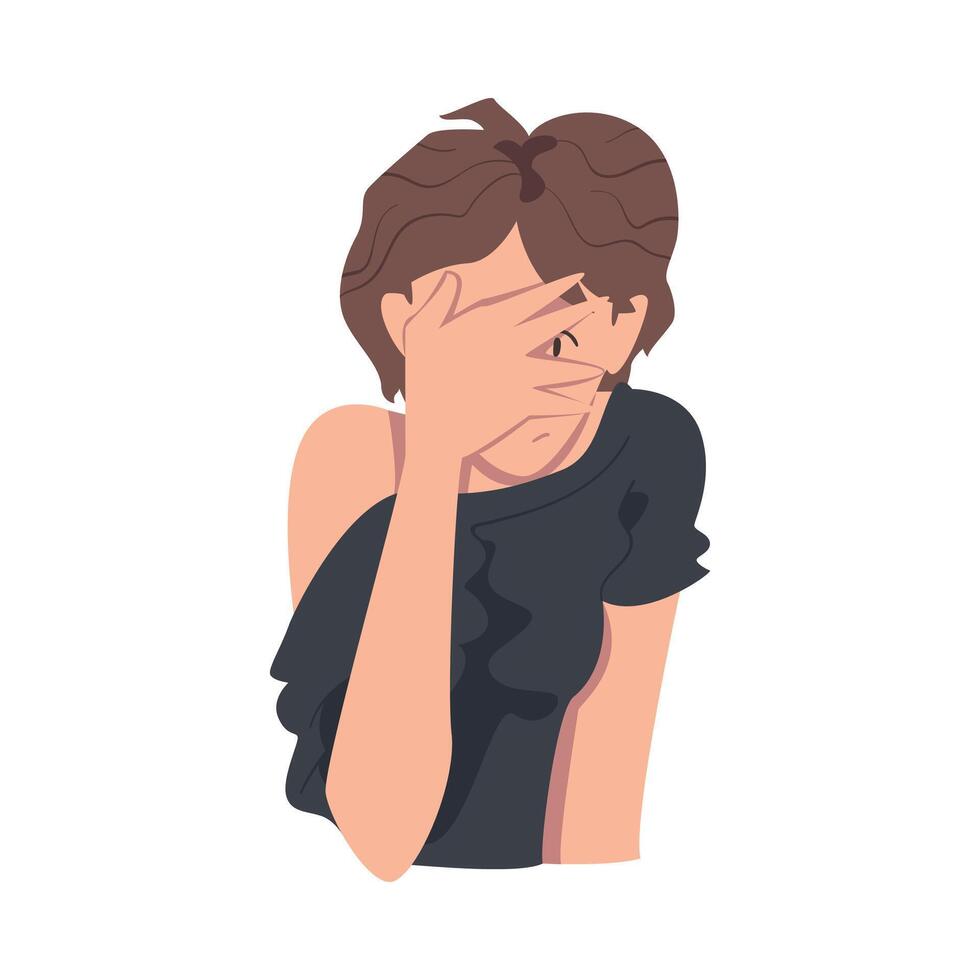 Embarrassed Young Woman Covering her Face with Hands, Regretful Person with Clasped Hands Cartoon erStyle Illustration vector