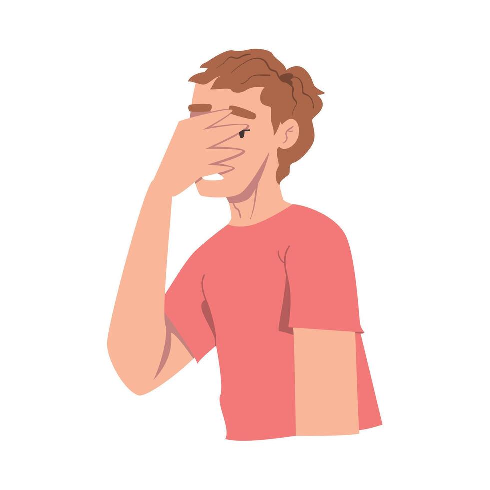 Embarrassed Guy Covering his Face with Hand, Regretful Person Sorry and Apologizing Cartoon Style Illustration vector