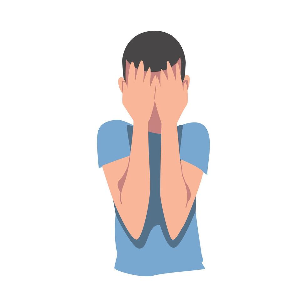 Embarrassed Man Covering his Face with Hands, Regretful Person with Clasped Hands Cartoon Style Illustration vector