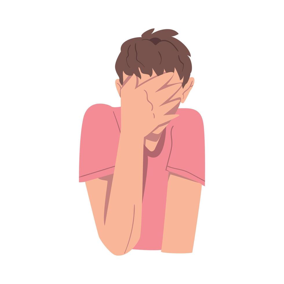 Embarrassed Man Covering his Face with Hand, Regretful Person Sorry, Apologizing and Admitting Her Guilt Cartoon Style Illustration vector