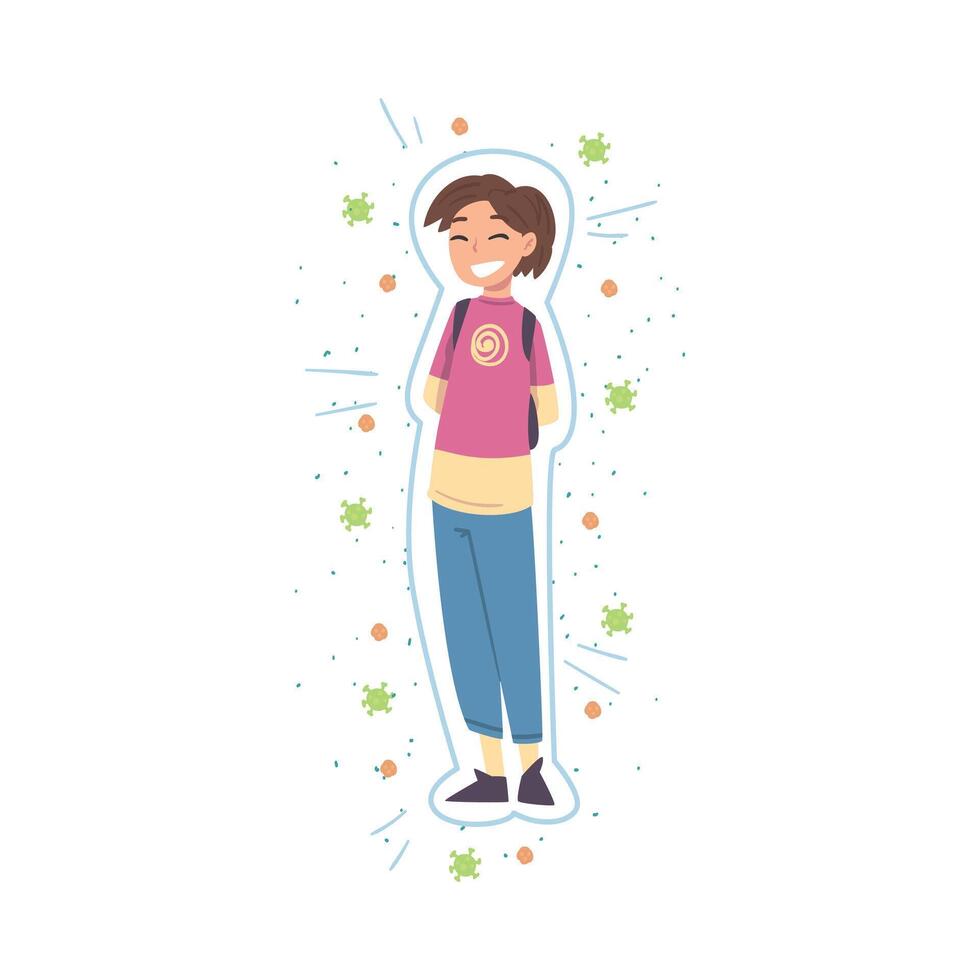 Healthy Teenage Girl Reflecting Bacteria and Viruses Attack, Strong Immune System Concept Cartoon Style Illustration vector