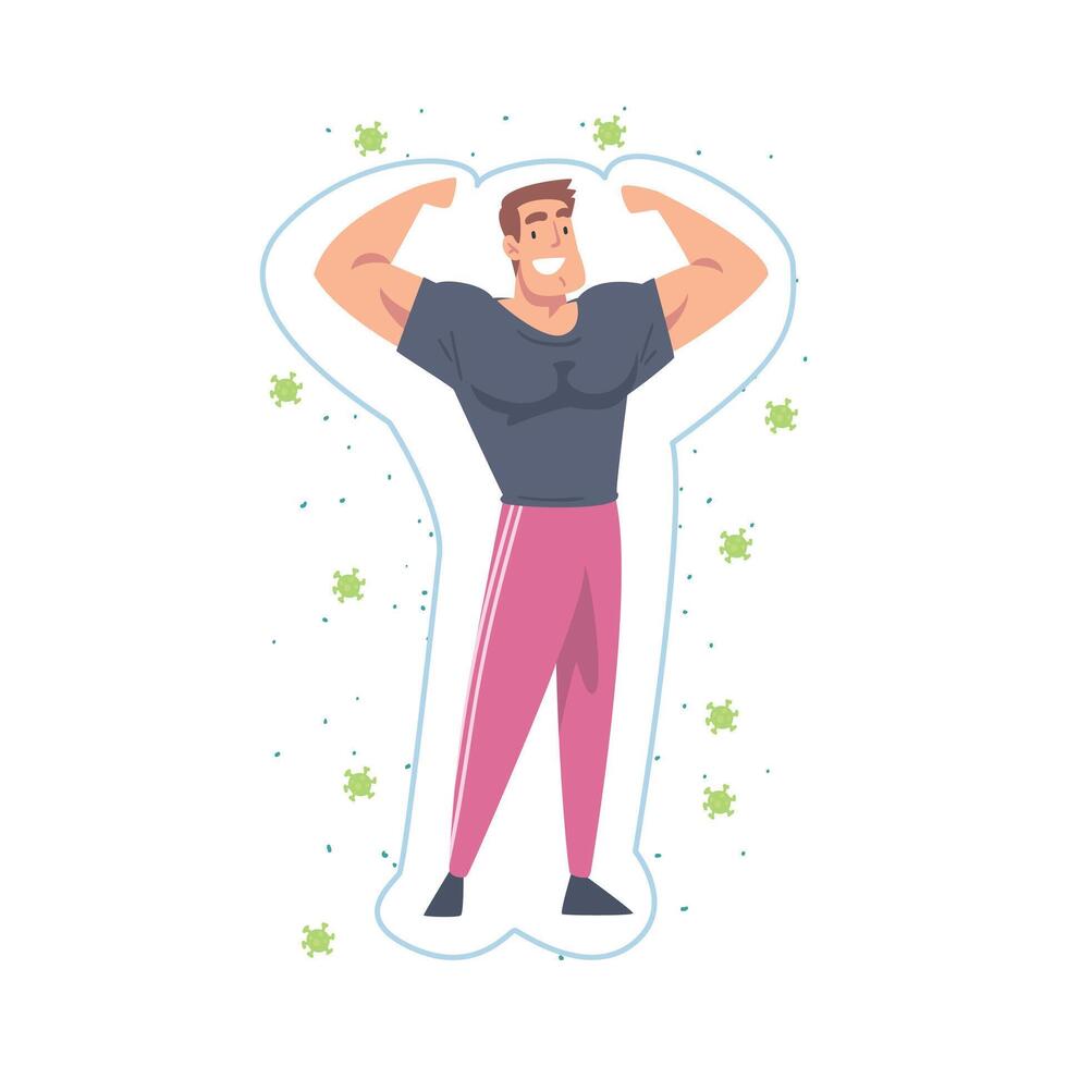 Healthy Muscular Man Reflecting Bacteria and Viruses Attack, Strong Immune System Concept Cartoon Style Illustration vector