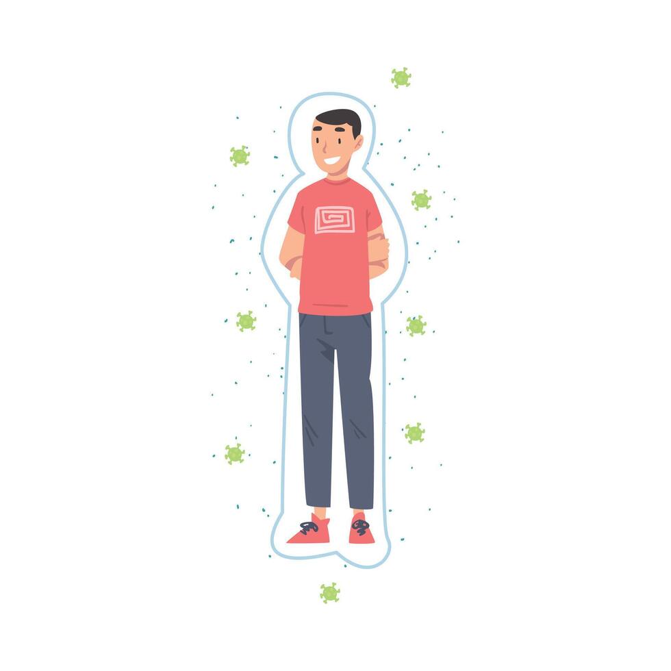 Healthy Guy Protected from Bacterias, Viruses and Germs, Strong Immune System Concept Cartoon Style Illustration vector