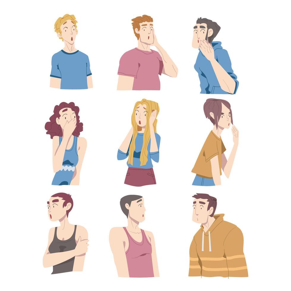 Surprised and Shocked People Set, Male and Female Characters with Frightened Face Expression Cartoon Style Illustration vector