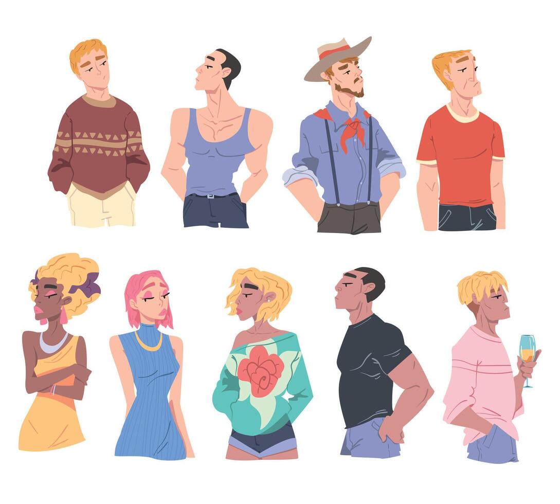 Charismatic Young Men and Women with Various Face Expressions Set Cartoon Style Illustration vector