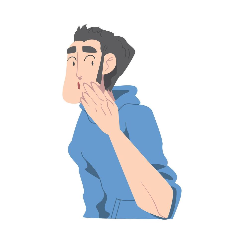 Surprised Guy Closed Mouth by Hand, Young Man with Shocked Face Expression Cartoon Style Illustration vector