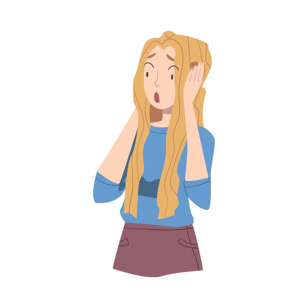 Surprised Girl with Fear Face Expression, Teen Girl with Shocked Face Expression Cartoon Style Illustration vector